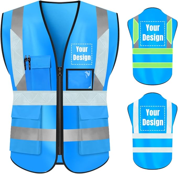 YOWESHOP High Visibility Safety Vest Custom Your Logo Protective Workwear 5 Pockets With Reflective Strips Outdoor Work Vest (4XL, Blue Luminous)