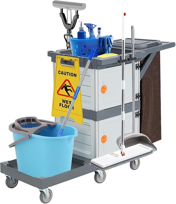Commercial Janitorial Cart with 2 Cabinet, Housekeeping Caddy with Cover, Shelves, and Vinyl Bag, Cleaning Cart On Wheels