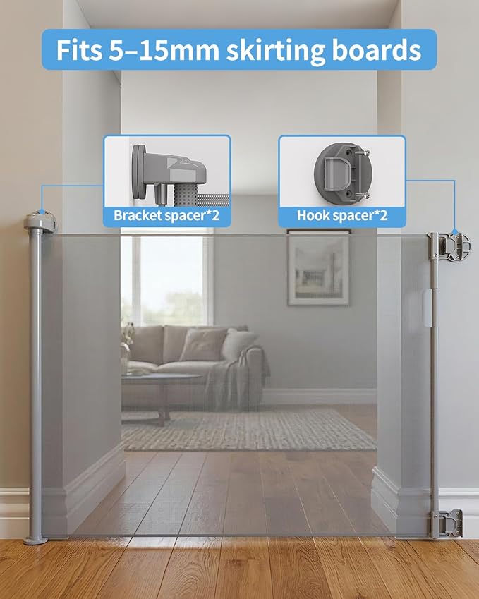 Retractable Baby Gate for Doorways and Stairs, Mesh Safety Gate for Pet, Indoor & Outdoor Use, One-Hand Operation, Easy Installation, 33.6" Tall, Expands to 55" Wide（Grey,33.6"x55"