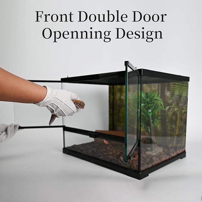 Reptile Glass Tank 18"*14"*14" Terrarium Habitat with Double Front Opening Door and Top Screen Ventilation for Bearded Dragon,Lizard,Leopard Gecko,Snake,Hermit Crab,Turtle