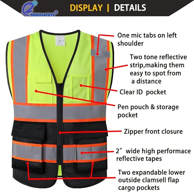 Reflective Mesh Safety Vest for Men Women with 5 Pockets and Zipper Front High Visibility Mesh Vest Hi Vis Construction Work Vest,Meets ANSI/ISEA Standards(EK175-Yellowblack-3XL)