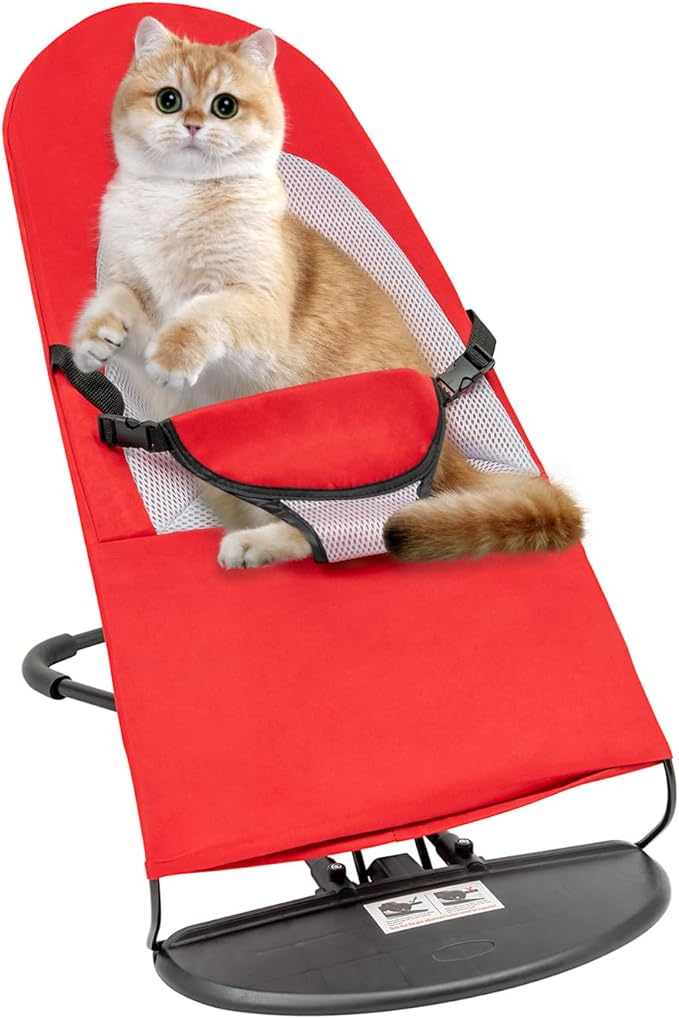 Pet Rocking Chair for Small Dogs & Cats, Portable Foldable Pet Rocker with 3-Level Height Adjustment & 33lbs Capacity, Washable Breathable Indoor/Outdoor Fur Baby Bouncer Bed (Red)