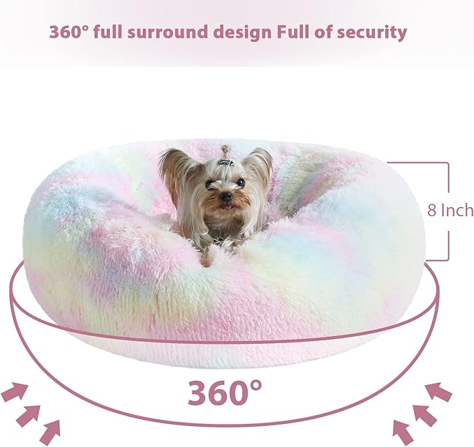 WNPETHOME Calming Dog Bed Cat Bed Donut, Faux Fur Pet Bed Self-Warming Donut Cuddler, Comfortable Round Plush Dog Beds (20 x 20 x 8 Inch, Rainbow)