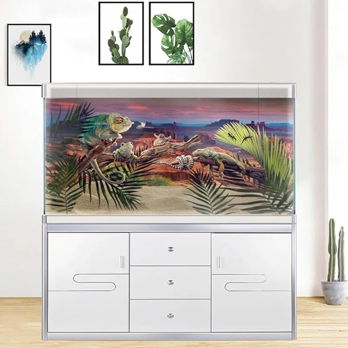 60X24IN Desert Loess Rock Cactus Oasis Reptile Habitat Background, Natural Sunset Desert Themed Terrarium Background, Aquarium Background with 10 EVA Double-Sided Tape