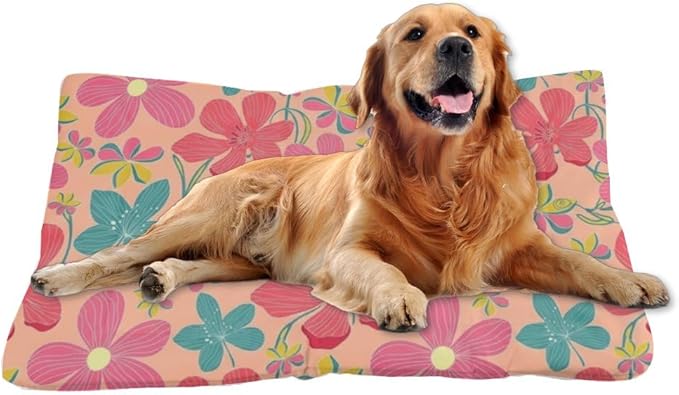 Pastel Pink Floral Dog Bed Small Dog Mats for Sleeping Kennel Pads Chew Resistant Bed for Crate Washable Non-Slip Crate Medium Size Mats Paw Cushion Indoor Outdoor 36X24 Inch