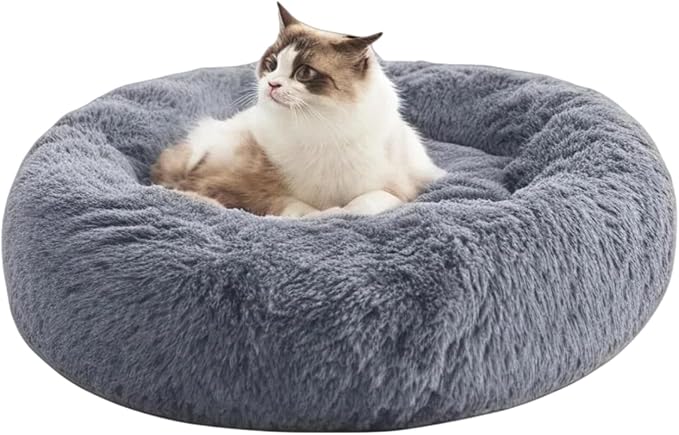SALAN Dog & Cat Bed for Indoor Cats, 16in Calming Donut Bed for Puppy and Kitten, Washable Round Fluffy Pet Bed for Small Medium Dogs and Cats.(Gray)