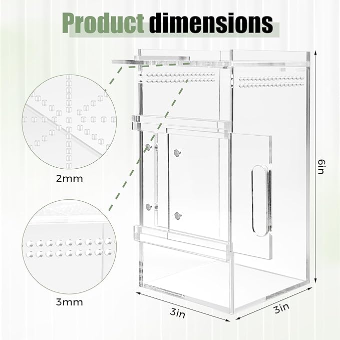 Jumping Spider Enclosure 3x3x6 Inch Acrylic Spider Cage Insect Terrarium Bug Enclosure Tarantula Enclosure Reptile Terrarium for Snail, Mantis, Lizard, and Small Reptiles