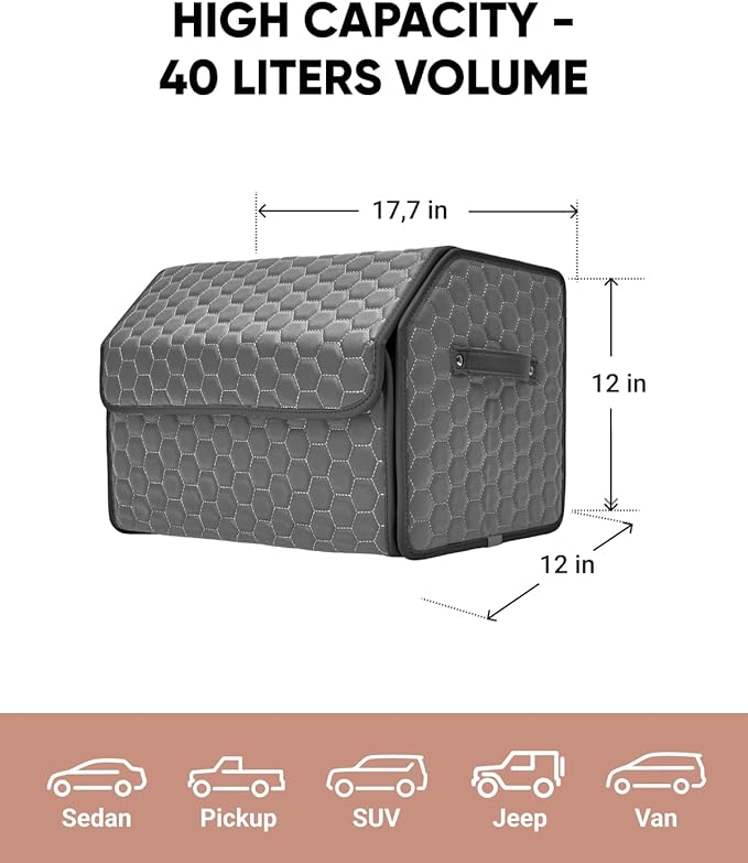 Owleys Foldable Trunk Organizer For Car - Trunk Organizers Car Storage - Collapsible Auto Trunk Organizer With Lid - Small And Large Cargo Organizer - Trunk Organization (Gray 17)