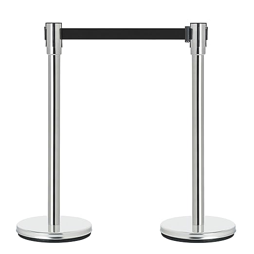 DuraSteel Crowd Control Barriers Line Dividers - Silver Stanchion Stainless Steel Posts with 6.5ft Black Retractable Belt Ropes - for Store Queues, Airport Lines, Event Entries - 2 Set/Pack