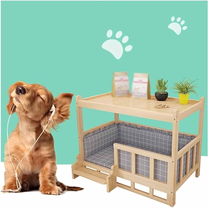 XPLKQXE Dog Bed Wood Platform, Elevated Pet Cushion Bed, Animal Couch with Mattress, Dog Beds & Furniture Rest Cot, Portable Fence Bed Pet Up to 45kg/100lbs(Color:Woody,Size:90x55x70cm)
