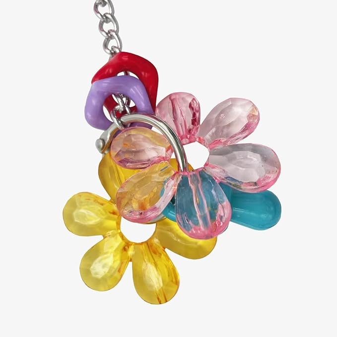 Pullable Bird Plastic Ball Toys with Acrylic Pacifiers and Flowers, Colorful Parrot Toys for Medium and Large Parrot Quaker Monk Parakeet Sun Conures (Pink)