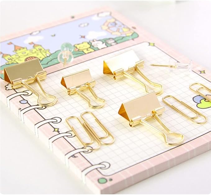 10 Pack, Gold Paper Clips and Binder Clips Set, Metal Assorted Sized Binders with Push Pins, Cute Gold Office Supplies for Desk, Desk Accessories