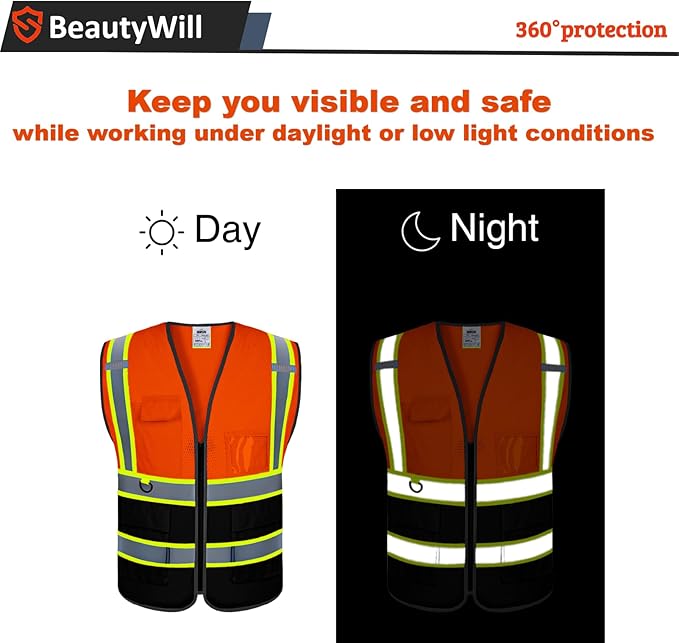 10 Pack Custom Safety Vest Customized Logo Mesh Vest Class 2 High Visibility Reflective Vest with Pockets Workwear（Orange Black，S ）