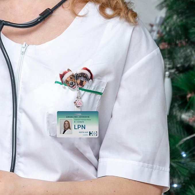 callie Personalized Christmas Pet Badge Reel - Custom 1-3 Dog Cat Photos, Christmas ID Badge Holder Retractable Clip with Paw Charm, Holiday Gift for Pet Lover Nurse Vet Doctor