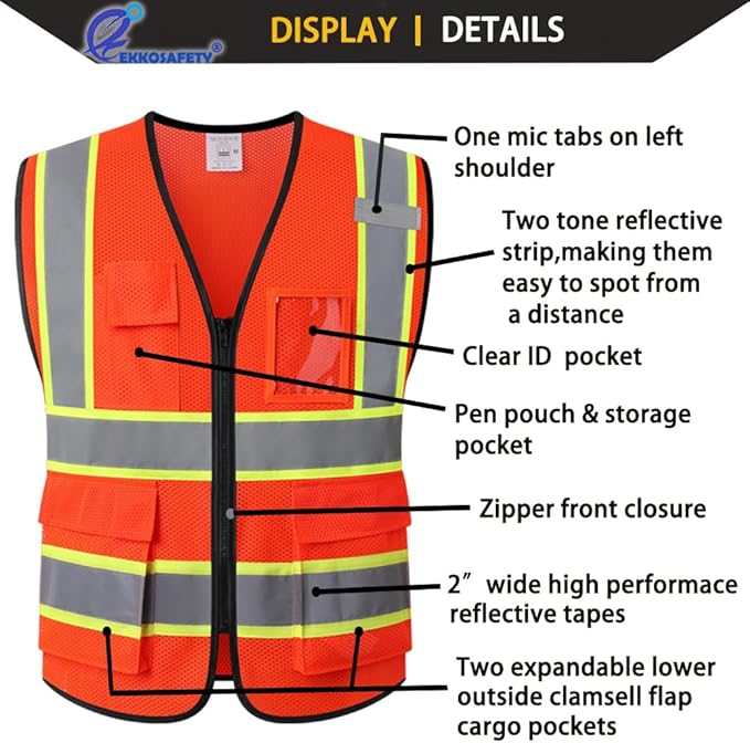 Safety Vest for Men Women Reflective with 5 Pockets and Zipper Front Mesh High Visibility Vest Hi Vis Construction Work Vest,Meets ANSI/ISEA Standards(EK175-Orange-3XL)