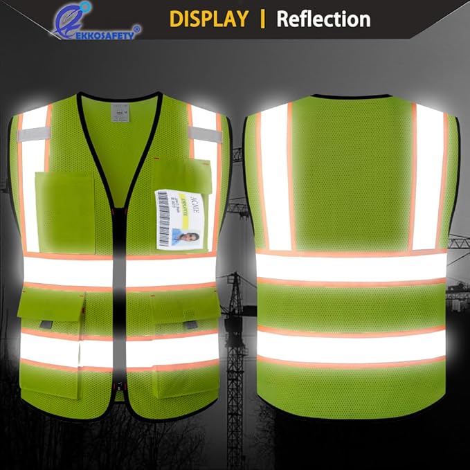 9 Pockets High Vis Safety Vest for Men with Double Stitching Knots around All Pockets and Zipper Edges Mesh Class 2 High Visibility Reflective Vest,Meets ANSI/ISEA Standards(EK176-Yellow-L)