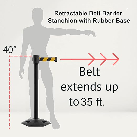 Montour Line MSR760 Set of 2 Retractable Belt Barrier Stanchion, Rubber Base, Black Powder Coated Post (35 ft Fluorescent Yellow Belt)