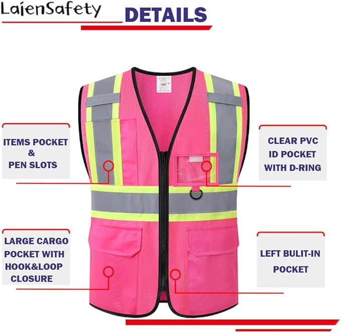 Safety Vest for Men Women Reflective with Multiple Pockets Mesh High Visibility Construction Work Vest,Meets ANSI/ISEA Standards(EK1-178-Pink-M)