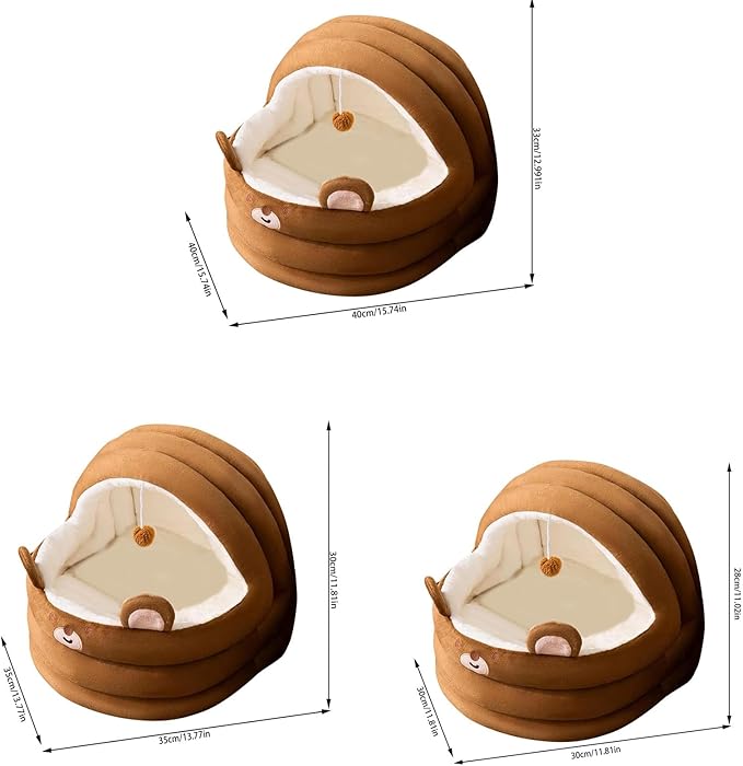 Cat Bed for Indoor Cats, Dog Bed with Anti-Slip Bottom, Rabbit-Shaped Cat/Small Dog Cave with Hanging Toy, Puppy Beds with Removable Cotton Pad, Super Soft Calming Pet Sofa Bed (Brown, Small)