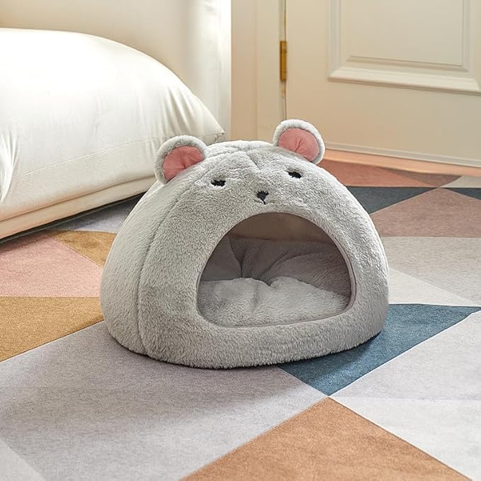 Cozy Mouse Ear Pet Cave Bed Ultra-Soft Gray Plush cave Bed, Cat Cave Beds Cat House Cat Tent with Removable Washable Cushioned Pillow, Cat Beds&Dog Beds,Perfect for Small & Medium Pets
