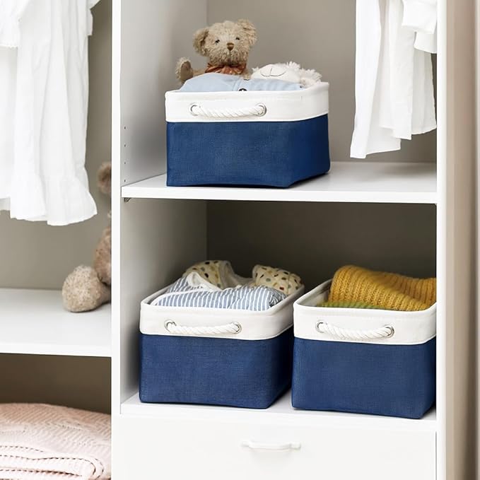 TheWarmHome Storage Bins for Shelves - 1 Pack 13.8x9.7x6.7 inch Collapsible Storage Basket for Organizing, Dog Toy Bin for Closet Organizer laundry Cloth Nursery (White & Jean Blue)