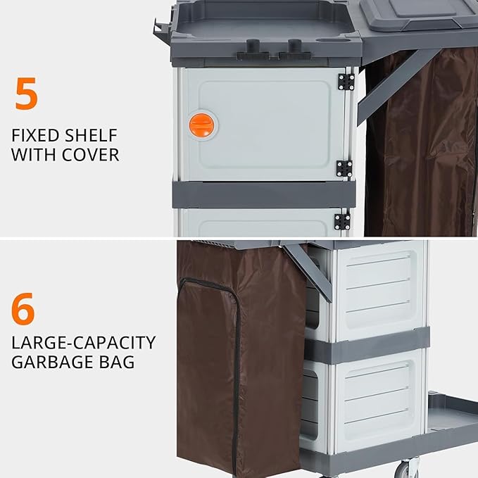 Janitorial Cart with 2 Cabinet, Commercial Traditional Janitorial 3-Shelf Cleaning Cart On Wheels with Cover and Vinyl Bag, Grey