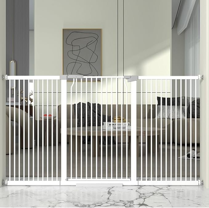 41" Extra Tall and Wide Baby Gate, 72.3-74" Wide Pet Cat Gate for Doorway, Extra Wide Pressure Mounted Child Door with Expansion Kit, Metal Safe Gate, Tall Dog Gate, White