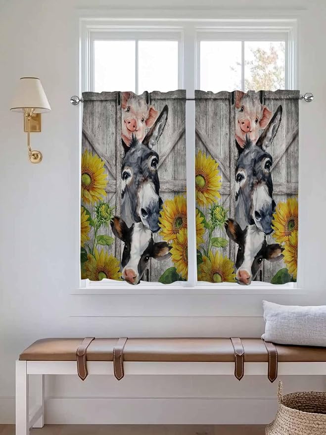 Farmhouse Kitchen Curtains 54 Inches Length, Vintage Sunflowers Animals Printed