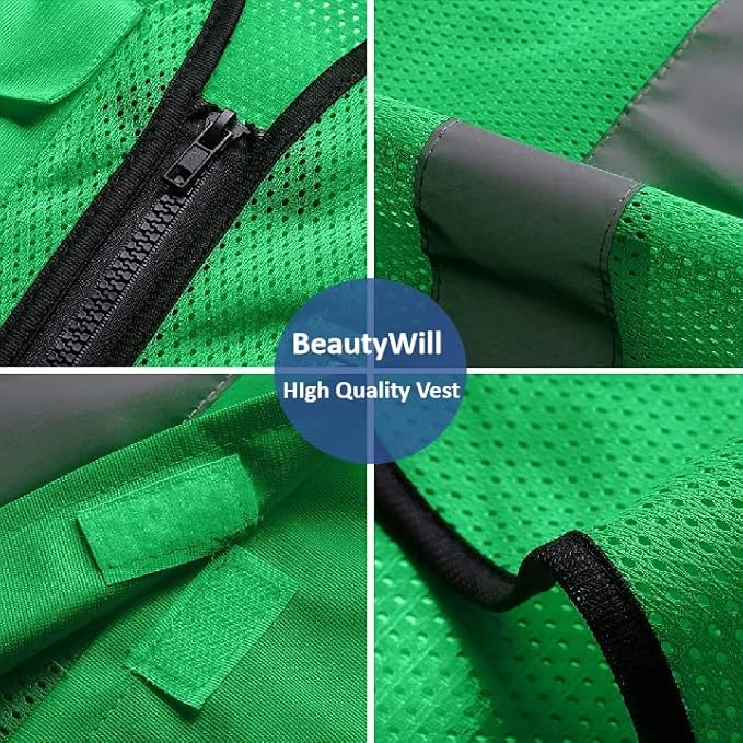 10 Pack Mesh Safety Vest Custom Logo High Visibility Reflective Vest with Pockets Security Work Vest（Green，XXL）