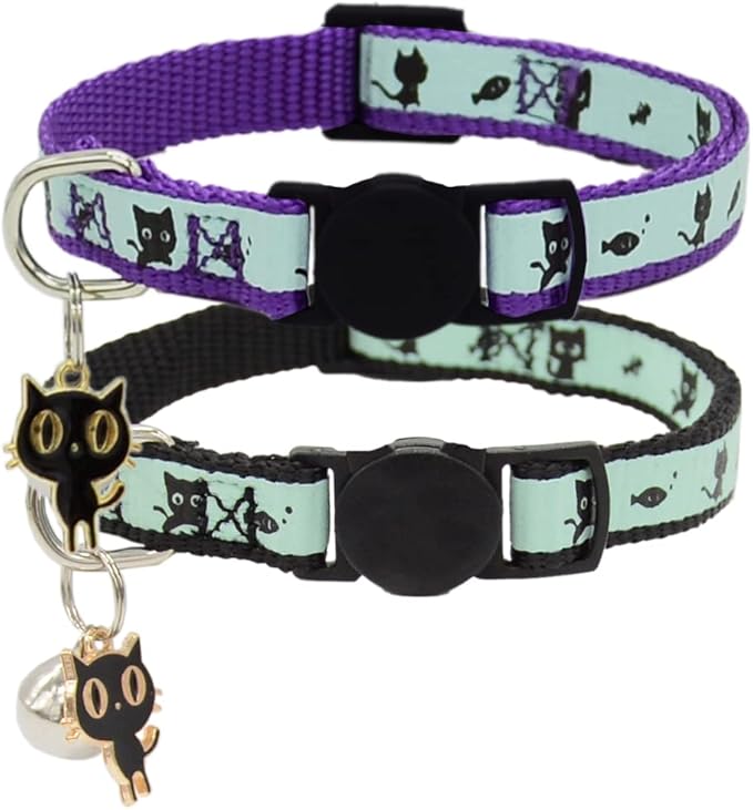 2 Pack Glow in The Dark Cat Collar with Bell Breakaway Safety Cat Puppy Collars with Pendant Purple and Black