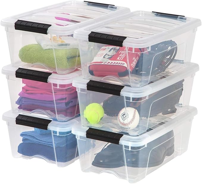 IRIS USA 13 QT Plastic Storage Box with Lid and Latches - 6 Pack - BPA-Free, See-Through Organizing Solution, Durable Nestable Stackable Containers, Secure Pull Handle - Clear