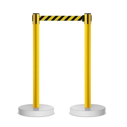 Crowd Control Warehouse CCW Set of 2 Retractable Belt Barrier Stanchion, Water Fillable Base MSH630 (11 Foot Belt, Red"Please Wait HERE" White Letters with Black PVC Plastic Post)