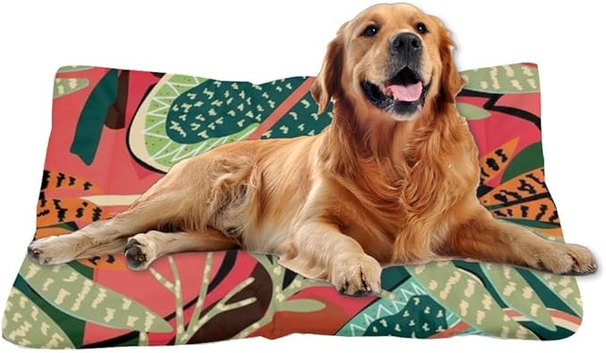 Green Red Tropical Leaves Dog Bed Puppy Patio Mat Pet Carrier Pad Puppy Bed for Crate Washable Non-Slip Dog Crate Pillow for Dogs Medium Mat Medium Sized Indoor Outdoor 36X24 Inch