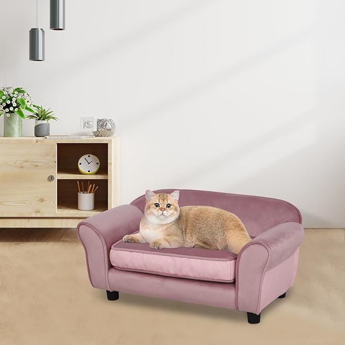 Getifun Small Dog Sofa Bed, Velvet Cat Couch with Washable Cushion & Plastic Legs (29 x 16 x 12.7 inches (Pink)