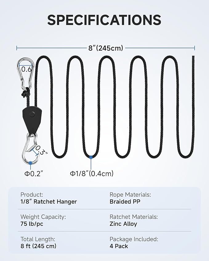 Fondwell 1/8" Rope Tie Downs Ratchet: 4 Pack of Grow Light Hangers Adjustable - Mini Ratchet Straps for Various Hanging and Strapping