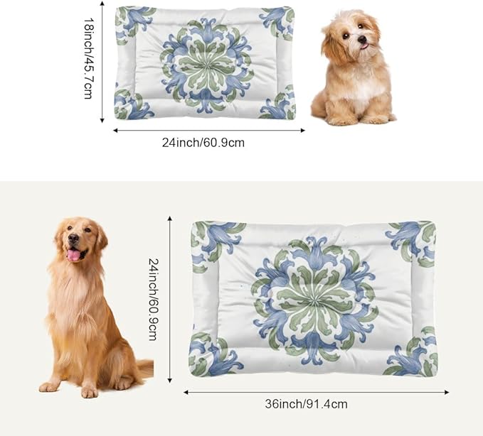 Vintage Blue Green Floral Dog Car Bed Crate Mats for Dog Cages Pet Crate Pad Accessories Washable Non-Slip Pet Bed for Easy to Wash Mat Needs Home Indoor Outdoor 24X18 Inch