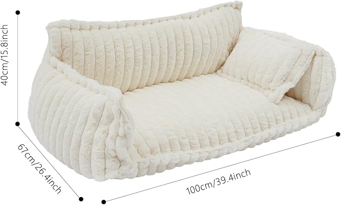 Pet Couch Bed for Dog and Cat, Plush Calming Couch for Pets with Removable Washable Cover, Modern Sofa Style Pet Bed for Home Living Room (White)