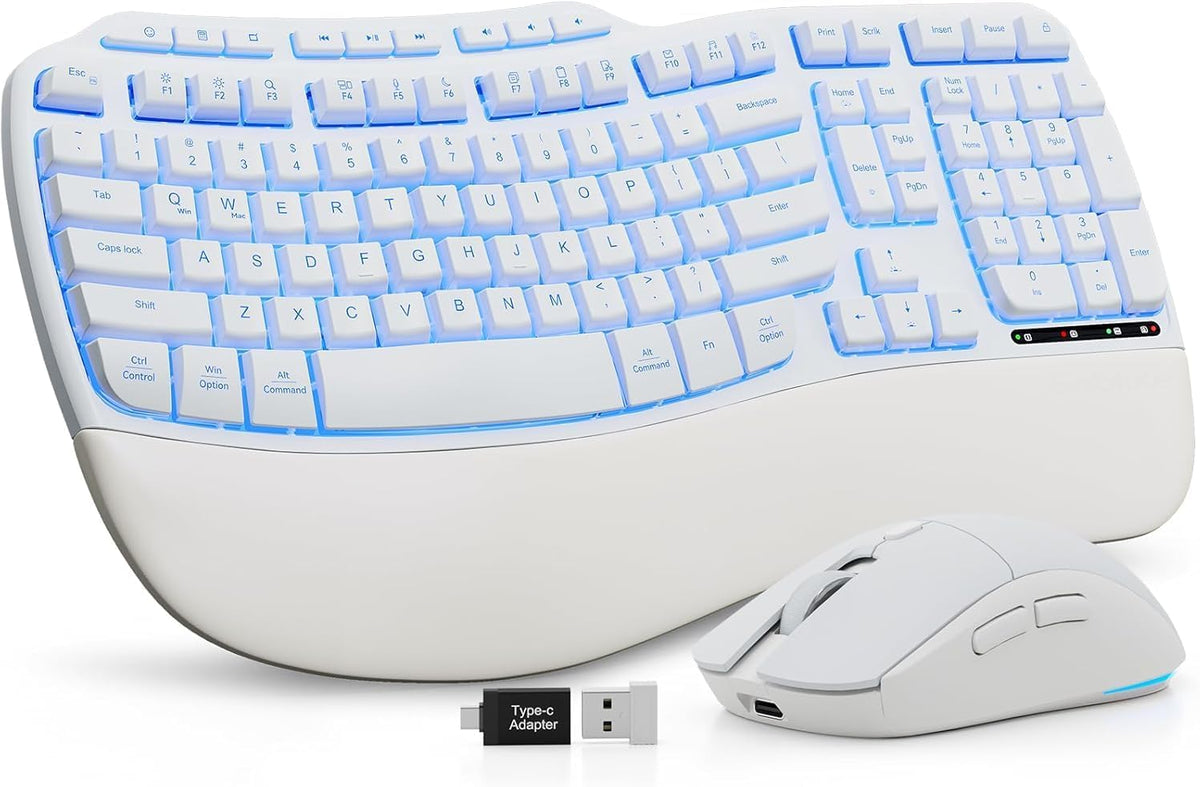 SABLUTE White Wireless Keyboard and Mouse Combo, Light up Ergonomic Keyboard Set, 2.4G Full Size Ergo Wave Key Board with Cushioned Plam Rest, Silent Mouse, for Computer/Laptop/Windows/Mac