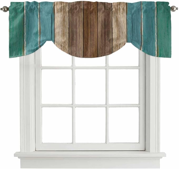 Teal Blue Brown Tie Up Valance Curtains