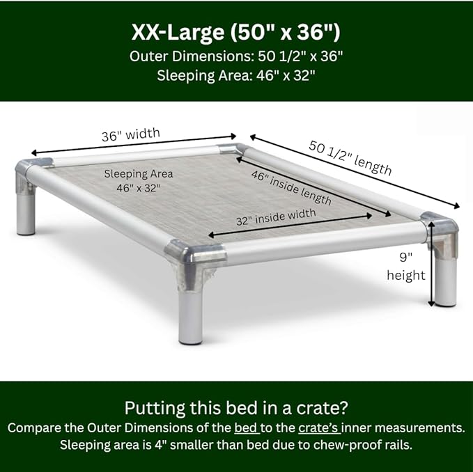 Kuranda Chewproof Elevated Pet Bed - Silver Aluminum - 50" x 36" - Sunsure Textilene - Birch