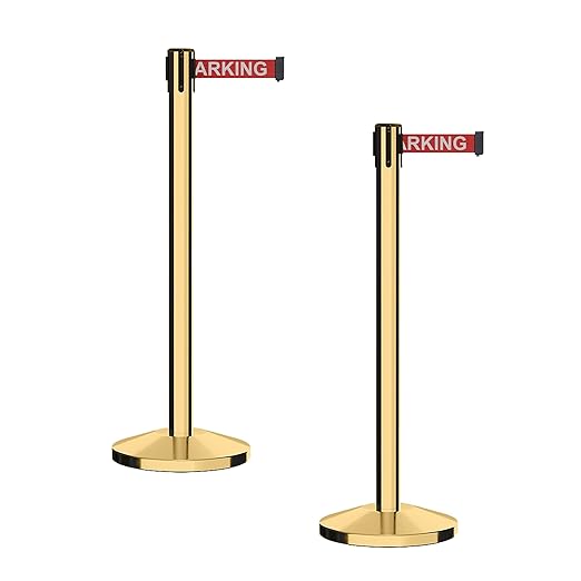 CCW Series RBB-100 - Set of 2 Stanchion Retractable Belt Barriers (7.5 Foot Belt, Red with"NO Parking" White Letters Belt with Polished Brass Post)