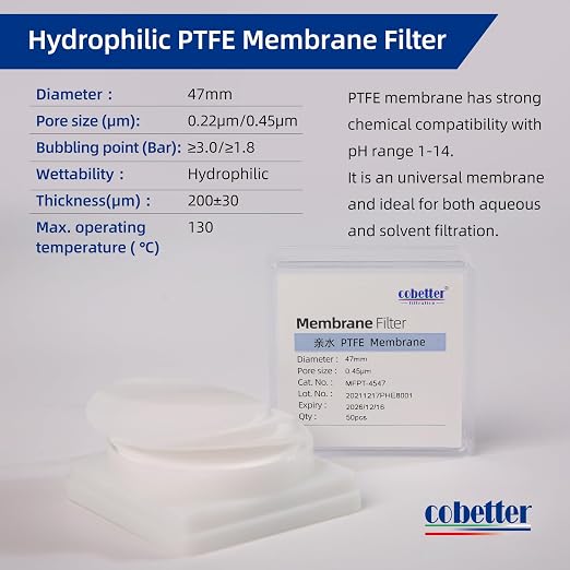 100 Pieces/Pack PTFE Disc Membrane Filters Hydrophilic 47mm Diameter 0.22µm