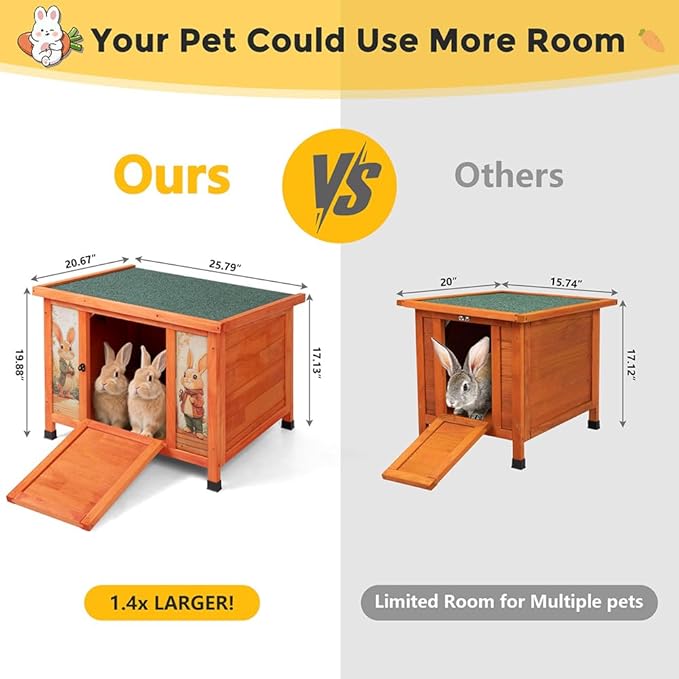 COZIWOW 24 Inch Rabbit Hutch Outdoor, Weatherproof Cat House, Bunny Cage Indoor with Non-Slip Ramp, Portable Wooden Shelter for Rabbits, Feral Cats, Chicken, Duck & Other Small Animals (Orange)