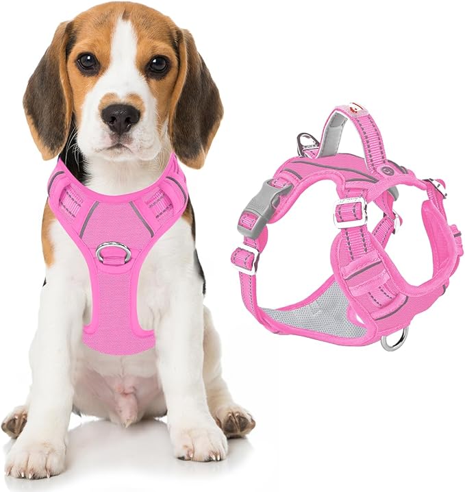 BARKBAY Dog Harness No Pull Oxford with ID Tag Pocket - Heavy Duty, Reflective, Easy Control for Large Dogs(Pink Oxford,M)