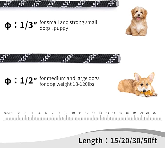 Long Dog Leash for Training 30Ft-Reflective Nylon Rope with Swivel Hook-Recall Agility Lead for Large Small Medium Dogs Outside Walking Hiking-Black Diam 1/2"