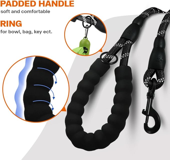 Taglory Rope Dog Leash 6 FT with Comfortable Padded Handle, Highly Reflective Threads Leash and Anti-Tangle Clip for Walking Medium Large Dogs, 1/2 inch, Black