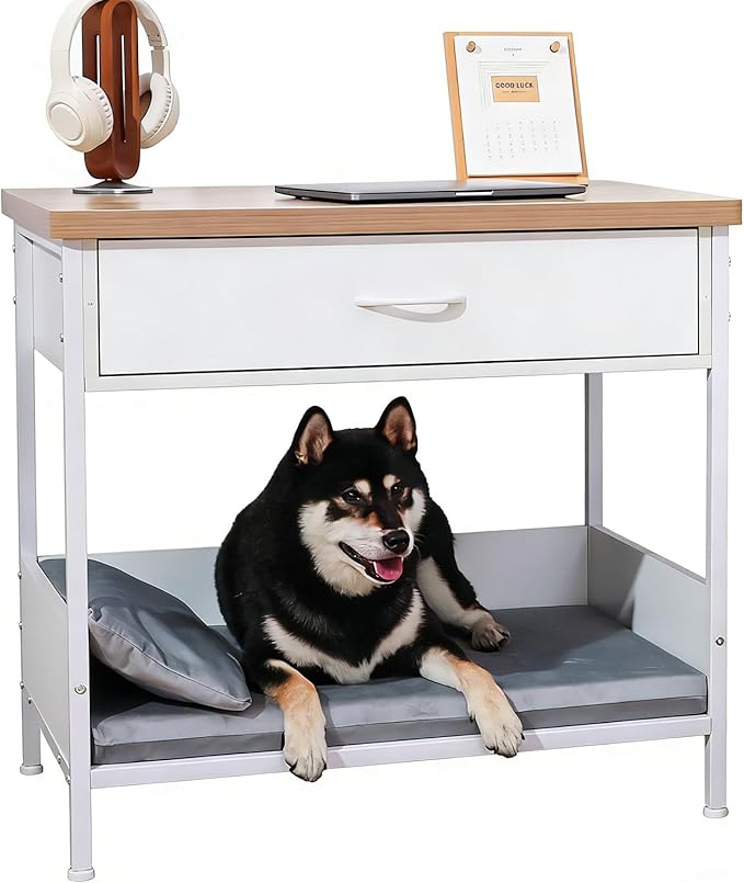 Multi-Functional Dog Bed End Table with Storage Drawer, Open Design Pet Bed with Removable Washable Cushion, Comfortable Resting Spot for Small & Medium Dogs, Indoor Use (White)
