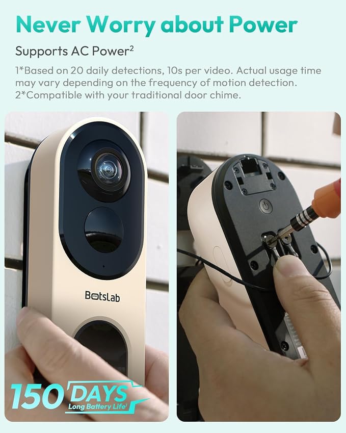 BOTSLAB Doorbell Camera Wireless, 5MP Video Doorbell, 180°Panoramic View