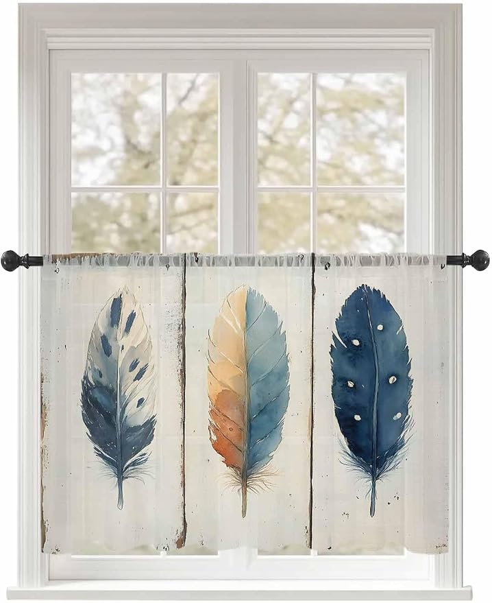 Sheer Curtains 54 Inch Length, Boho Ombre Vintage Wooden Grain Privacy Voile