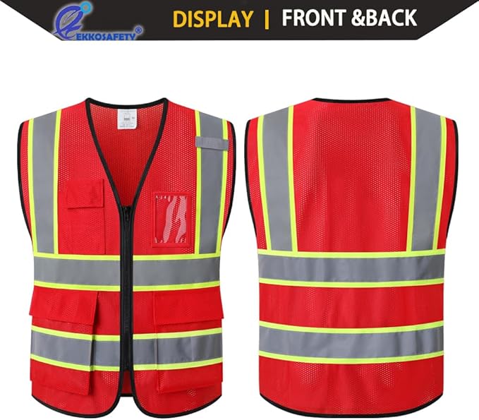 Reflective Mesh Safety Vest for Men Women with 5 Pockets and Zipper Front High Visibility Mesh Vest Hi Vis Construction Work Vest,Meets ANSI/ISEA Standards(EK175-Red-S)